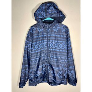 Mossimo Water Resistant Aztec Windbreaker Jacket Men’s Large Hooded Blue